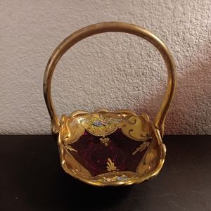 EXQUISITE Bohemia Glass Gilted 6" Cranberry Bridal Basket Made in Czech Republic